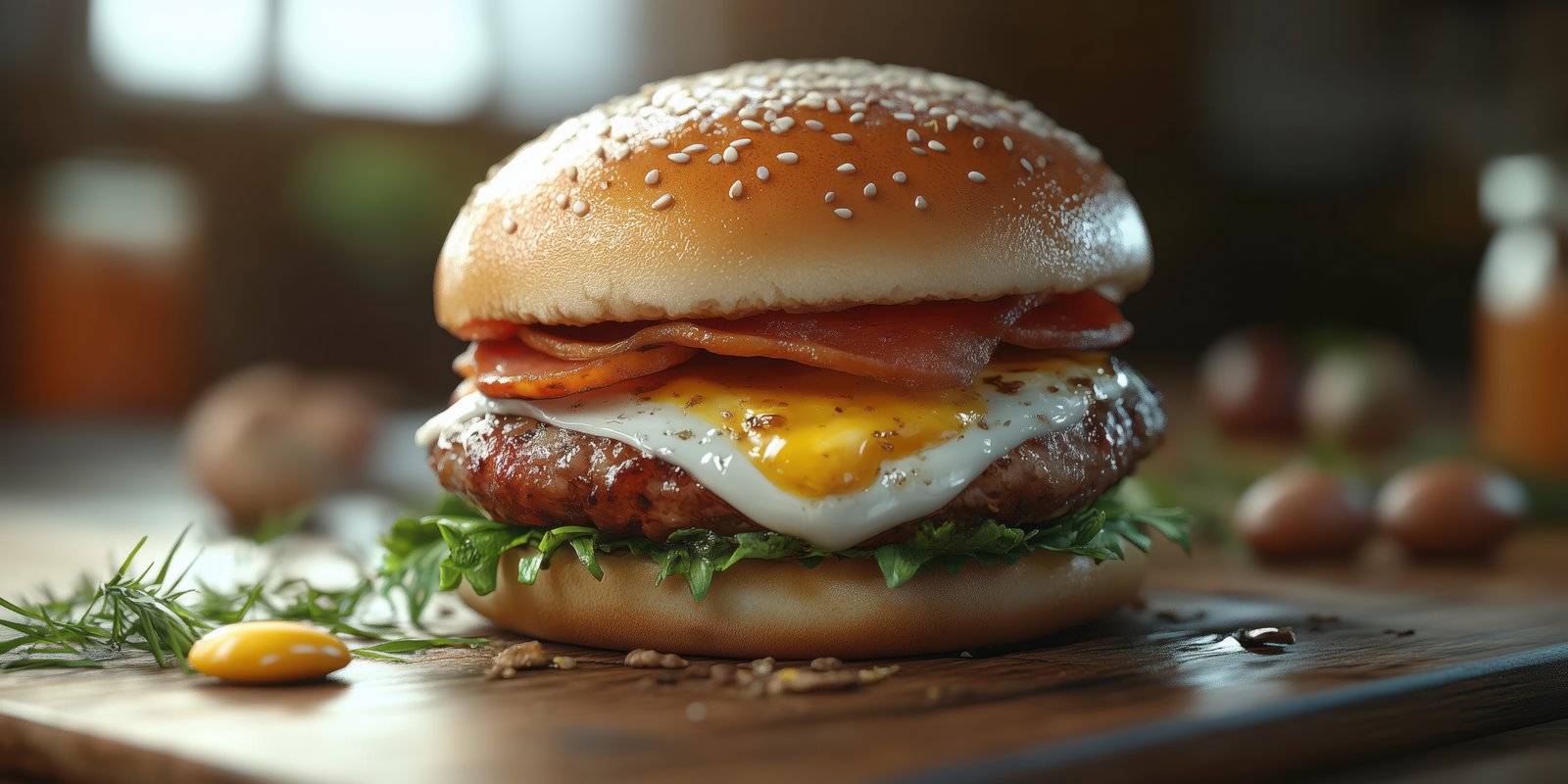Mouthwatering burger with egg and bacon served on a sesame seed bun at a rustic wooden table